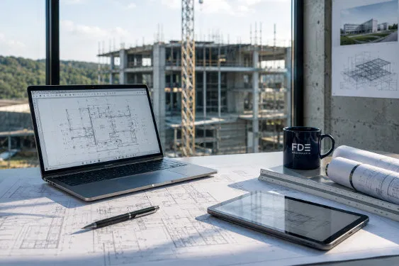 Espaço de trabalho de engenharia com projetos técnicos e obra em curso